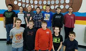 Ethan Tiefenauer, Cole Kearns, Caleb Scego, Cole Woods, and Dylan Conner. Back Row: Brady Ames, Danielle Hampton, Carletta West, Isaiah Thebeau, Tyler Revelle, Benji Daniels, and Angel Dockery